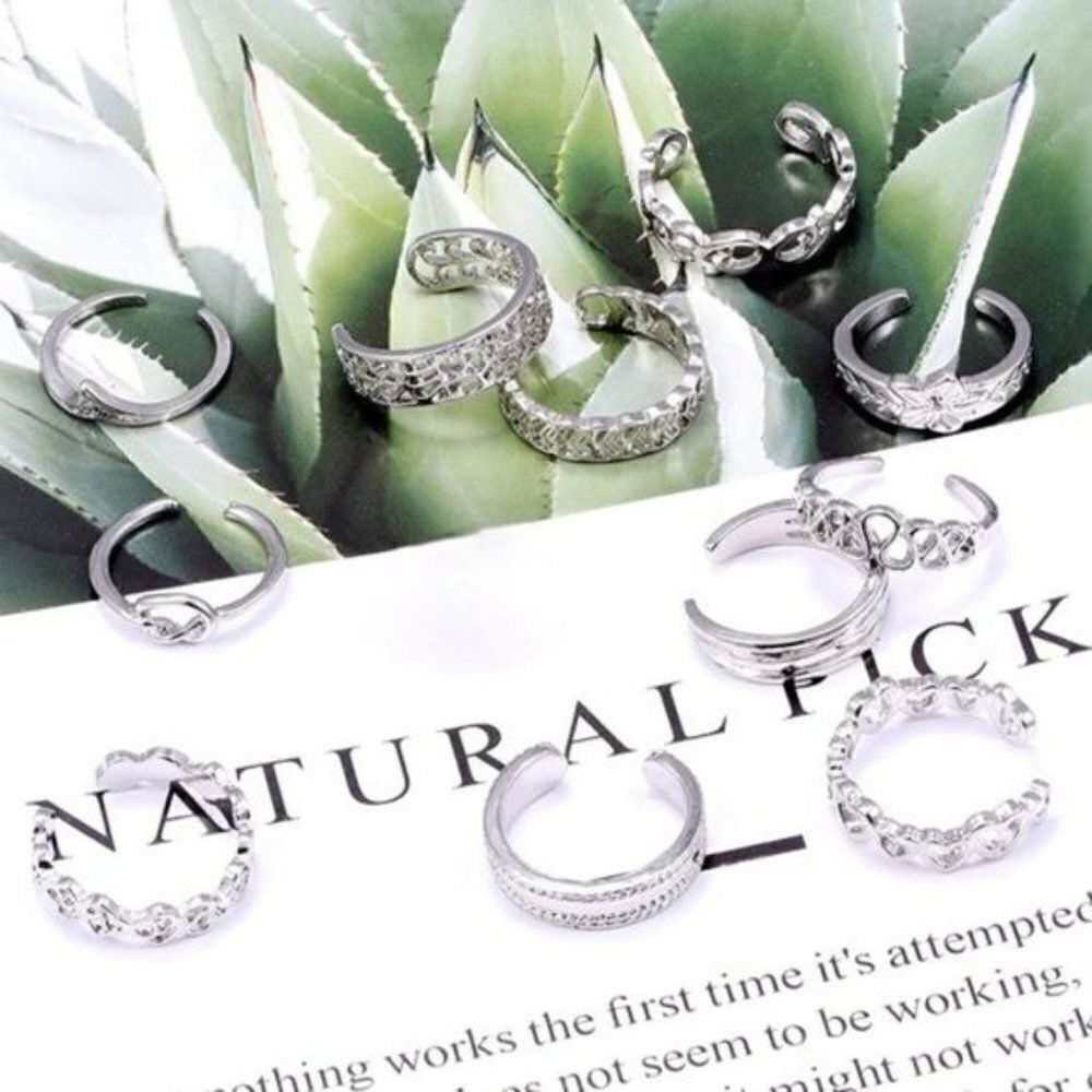 Silver Adjustable Boho Open Toe Rings - Set of 12 - Picture 3 of 4